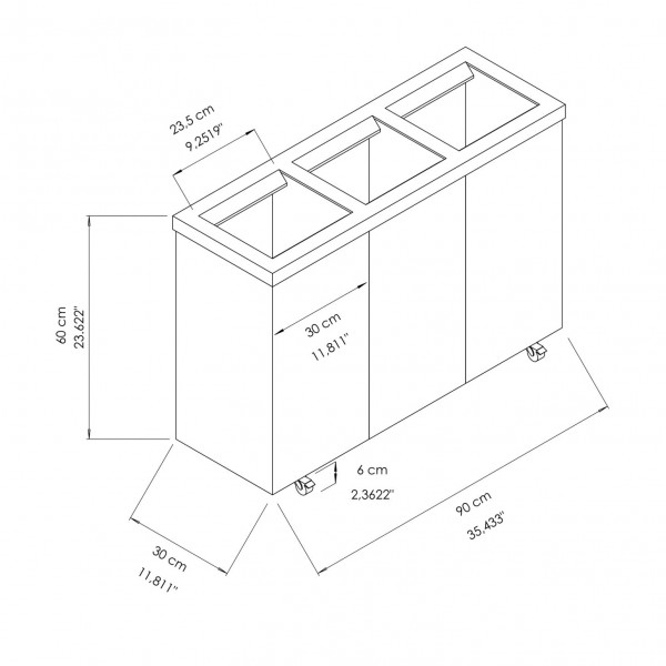 GA010500 Poubelle de tri selectif en inox AISI 304 trois bacs 30 x 90 x 60 cm