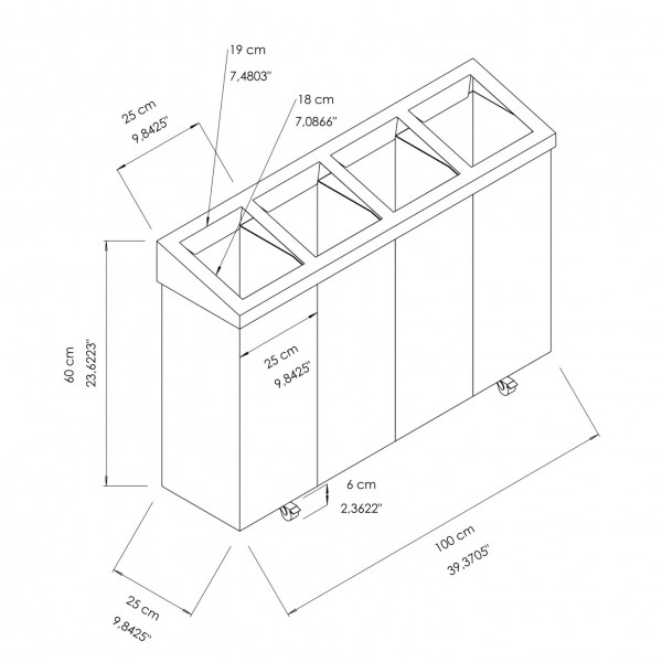 GA010510 Poubelle de tri sélectif en inox AISI 304 quatre bacs 25 X 100 X 60 CM